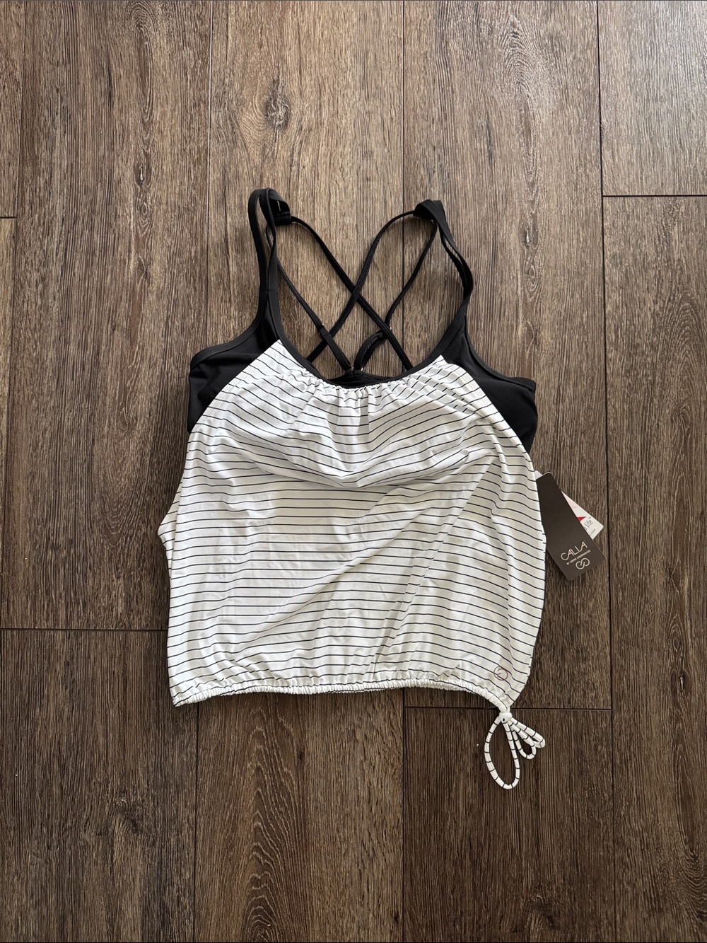 Striped Black & White Cropped Swim Tankini Top with Crisscross Back